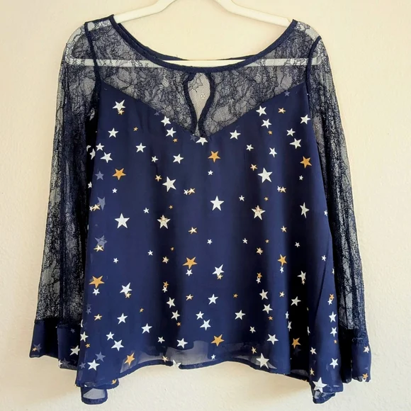 Starry Night Blouse in Midnight Blue with Lace Sleeves and Back - Picture 2 of 12